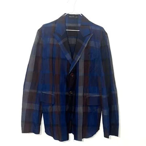 Y'S YOHJI YAMAMOTO Plaid Linen Blend Deconstructed Blazer - Blue/Gray/Brown 3/M - Picture 1 of 11
