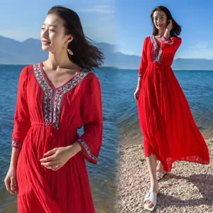 Mädchen besticktes Maxikleid ausgestellt Langarm V-Ausschnitt Sommerkleid Baumwolle Urlaub - Bild 1 von 10
