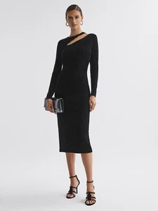 $240 REISS Macey Velvet Cut-Out Midi Dress | Black | UK 10 US 6 - Picture 1 of 8