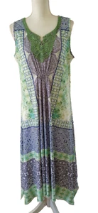 One World abito tubino medio boho blu verde scollo all'uncinetto elasticizzato casual - Foto 1 di 7