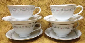 ROYAL SWIRL Fine China JAPAN 4 cups & 4 saucers- pink roses-platinum trim - Picture 1 of 4