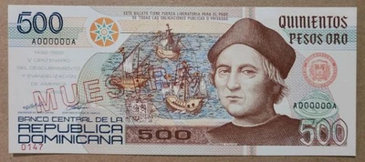 ДОМИНИКАНСКАЯ РЕСПУБЛИКА 500 ПЕСО 1992 (MUESTRA) UNC РЕДКАЯ БАНКНОТА - Изображение 1 из 3