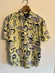 Volcom Yellow Button-up Teen Shirt. Size S. Flowers, bats, horses, lions, goats - Picture 1 of 9