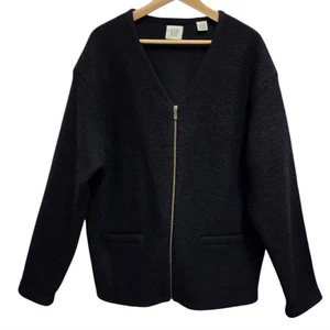 Gap Pullover Damen L schwarz Wolle durchgehender Reißverschluss Cardigan V-Ausschnitt Taschen lang Slv Vintage - Bild 1 von 10