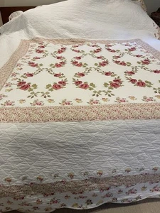 Embroidery King Quilt 102” x 115” Cotton Roses floral French cottage chic white - Picture 1 of 13