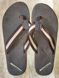 MENS SIZE 14 BROWN FLIP FLOPS SANDALS by NORTIV8 TAN STRIPE CLEAN FOOT WEAR - Picture 1 of 2