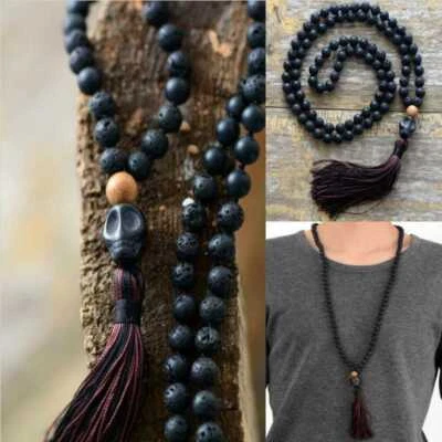 8mm Lava black Onyx Tassels Necklace mala Tassel Couples Metal Prayer Yoga Wood Foto 1 de 4