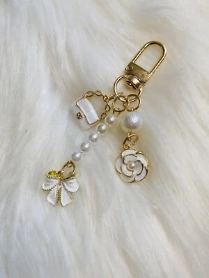 White camellia flower bag charm keychain fob phone Charm new handmade gift - Image 1 of 2