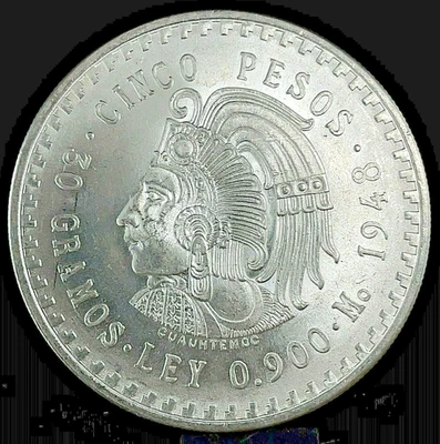 MÉXICO 1948 - 5 PESOS - AZTECA CHIEFTÁN CUAUHTÉMOC - 1 OZ COMO NUEVO BU CORONA DE PLATA Foto 1 de 4