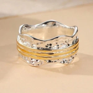 Breiter gehämmerter zweifarbiger Bandring gewellt Gelb Weißgold Spinner Look Stil Gr: 8 - Bild 1 von 5