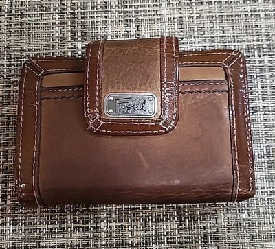 Cartera moneda vintage de cuero marrón fósil SL2153 forro con patrón de flores verdes Foto 1 de 4