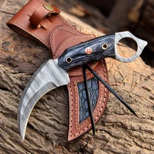 CUCHILLO DE CAZA DE ESPIGA COMPLETA KARAMBIT HOJA DE ACERO DAMASCO HECHO A MANO PERSONALIZADO DE 7,5" LYN-5 - Imagen 1 de 5