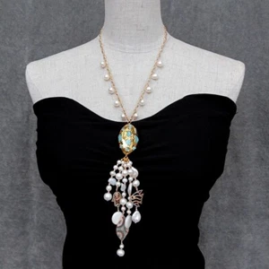Freshwater White Pearl Blue Larimar Pendant Cz Pave Rosary Chain Necklace - Picture 1 of 6