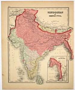 "HINDOSTAN OR BRITISH INDIA" COLTON Antique original map 1874 - Picture 1 of 1