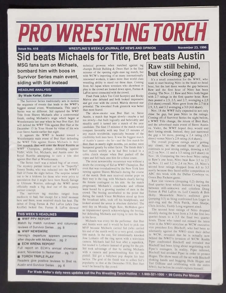 Pro Wrestling Torch ISSUE #416 November 23, 1996 WWF WCW RAW NITRO NWO DX WWE - Image 1 of 3