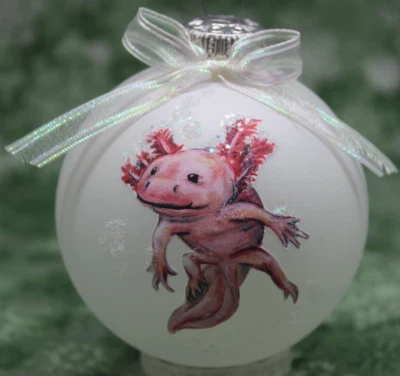 A077 Adorno de Navidad Hecho a Mano - Axolotl - Frente Leucístico Rosa (iridiscente) Foto 1 de 4