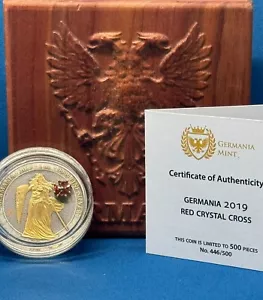 2019 Germania 5 marchi Lady Germania croce di cristallo rosso 1 oz moneta argento placca oro - Foto 1 di 3