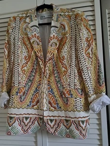 ZARA DAMEN STILVOLLER ELFENBEINFARBENER BOHO BLAZER MIT MEHREREN DRUCK GRÖSSE XL - Bild 1 von 6