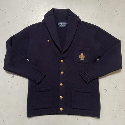 Cárdigan vintage años 80 Polo Ralph Lauren lana de cordero tejido chal cuello escudo M Foto 1 de 4