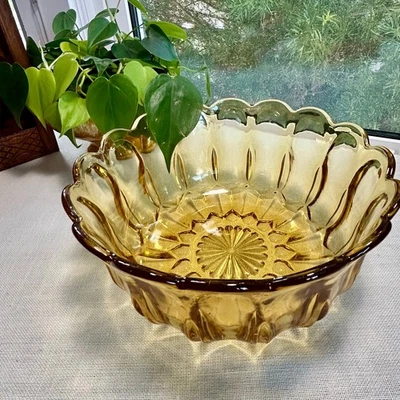 Vintage Amber Glass Serving Bowl – Scalloped Edge with Floral Panel Design - Image 1 of 4