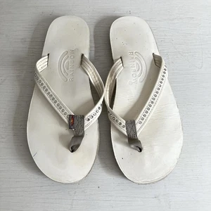 Rainbow Sandals Womens Ivory Leather Sandals Swarovski Crystals Small 5.5-6.5 - Picture 1 of 8