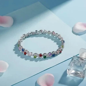 15Ctw Round Cut Lab Created Multicolor Women's Bracelet 14K White Gold Plated 8" - Picture 1 of 8