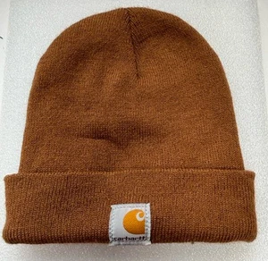 Carhartt Beanie Hat Cap Youth Kids Brown One Size Cuffed Knit Ribbed Logo USA - Picture 1 of 5