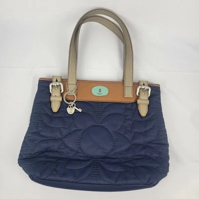 FOSSIL Keyper Blue Quilted Handbag Purse Womens Tote Nylon Satchel Flower Design - Image 1 of 4