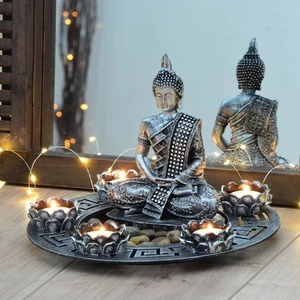 Targhetta per Buddha color argento con portacandele del tealight e pietre (C0k) - Foto 1 di 1