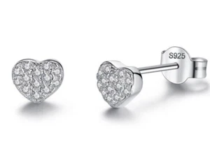 S925 Sterling Silver Heart Shaped Cubic Zirconia Cluster Stud Earrings Love - Picture 1 of 4