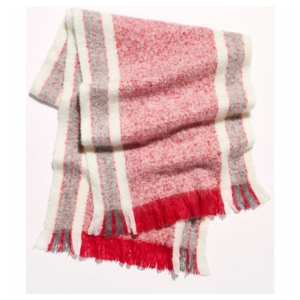 People Brushed Red Combo Racer Stripe Boho Fringed Warm Blanket Scarf