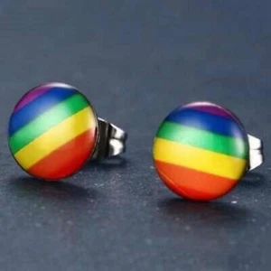 Handcrafted LGBTQ Rainbow Gay Pride Colors Round Silver Stud Earrings - Picture 1 of 3