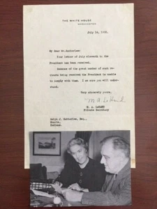 MAGUERITE LEHAND WHITE HOUSE LETTER SIGNED, FRANKLIN ROOSEVELT CHIEF OF STAFF - Picture 1 of 1