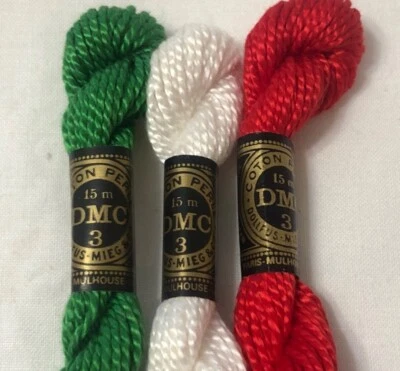 DMC Size 3 Cotton Pearl Lot 3 Skeins Embroidery Thread White Red Green FREE SHIP - Image 1 of 4