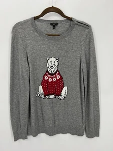 Talbots Sweater Womens Large Petite LP Gray Red Winter Polar Bear Crew Neck - Picture 1 of 8