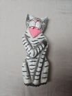 Wooden 10” Cat Statue Home Garden Decor Solid Wood Painted Stripes