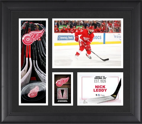 Nick Leddy Red Wings FRMD 15" x 17" Player Collage with a Piece of GU Puck Cover