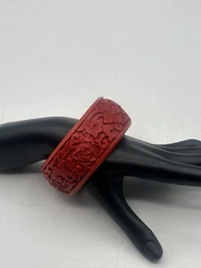 Chinesischer Zinnober Blume graviert Armreif Armband rot Vintage breit handgeschnitzt - Bild 1 von 13