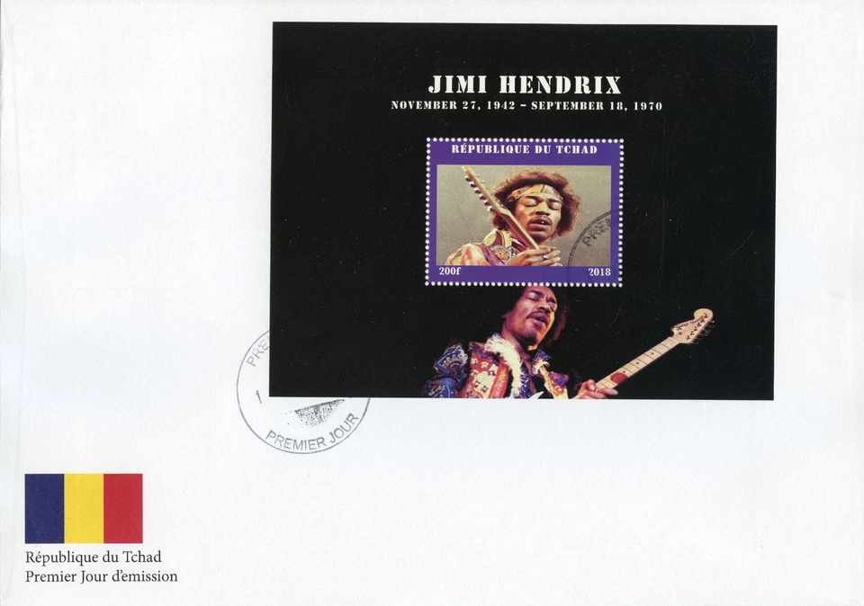Chad 2018 FDC Jimi Hendrix Guitars 1v M/S Cover Music Famous People Stamps - Image 1 of 1