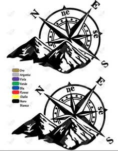 KIT 2 ADESIVI BUSSOLA MONTAGNA DECAL VINILE AUTO MOTO CAMPER CASCO 20X15 CM - Foto 1 di 2