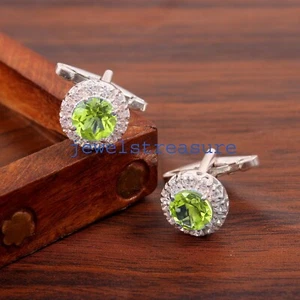 Natural Peridot & CZ Gemstones with 925 Sterling silver Cufflinks for Men #J222 - Picture 1 of 6