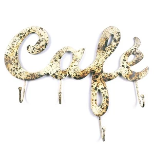 "Cafe" Antique Rustic Beige Metal Sign Wall Mount 4 Hook Towels Coat Coffee Mugs - Picture 1 of 7