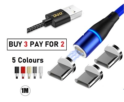 3 in 1 Magnetic USB Cable 3A FAST Sync Charger Charging Phones iOS Type-C Micro - Image 1 of 3