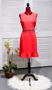 NWT Karl Lagerfeld Womens Red Scalloped-Trim Ruffled-Hem Sheath Dress Sz 12 2216 - Picture 1 of 15