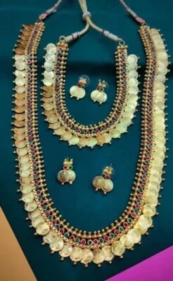 GOLD PLATED INDIAN BOLLYWOOD CHOKER & NECKLACE SET WEDDING TEMPLE BRIDAL JEWELRY - Image 1 of 4
