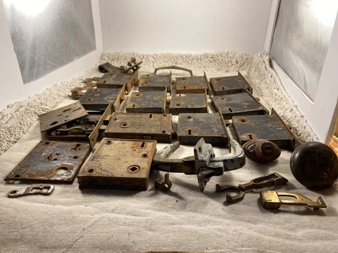 Antique Mortise Lock Door Hardware with aKnob, 2 Locks & Misc. Pieces. Lot of 13 Cover