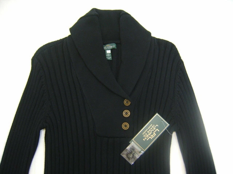 Ralph Lauren Mujer Cable Nuevo Chal Suéter Sudadera Pequeña S Negro Dorado Botón Foto 1 de 4