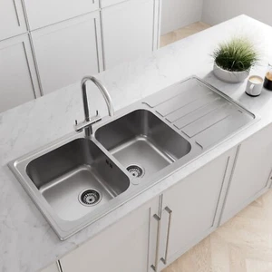 Sinkoro Inset Kitchen Sink 2 Double Square Bowl Stainless Steel Reversible Waste - Picture 1 of 10