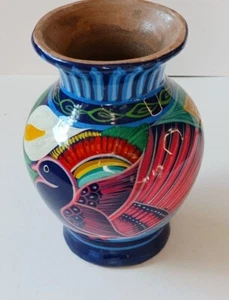 Handpainted Mexican Pottery Vase with Birds and Flowers 5 inches - Picture 1 of 7