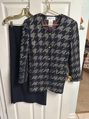 Jones NY/ 羊毛混纺 6 件套夹克裙裤套装黑色蓝色衬里 6 90 年代 — 第 1/4 张图片